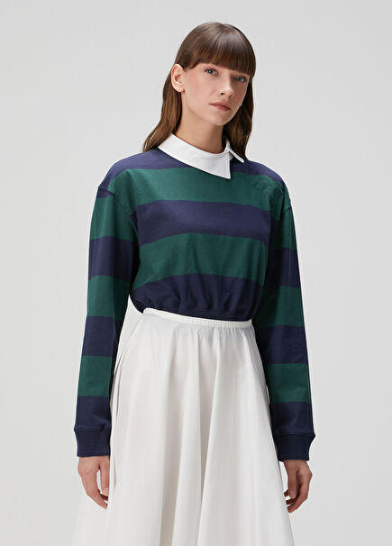Navy Blue Green Striped Polo Sweatshirt