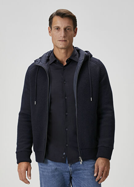 Lacivert Kapüşonlu Yün Triko Mont