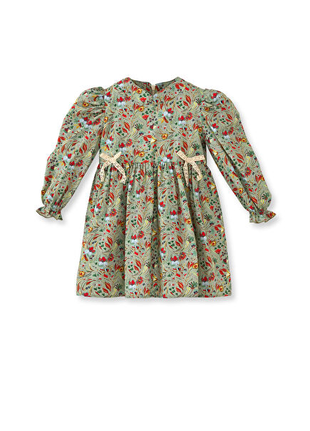 Çiçek Desenli Yeşil Pamuklu Kurdeleli Kız Çocuk Elbise