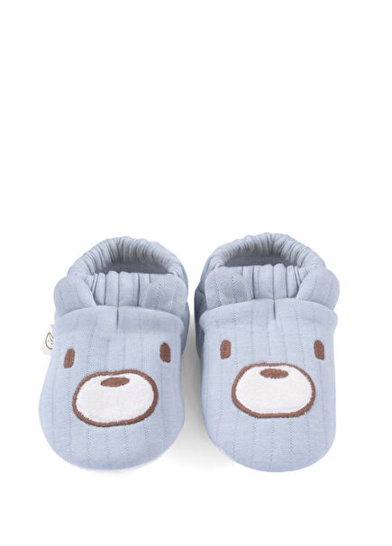 Blue Quilted Teddy Bear Embroidered Boys' Booties