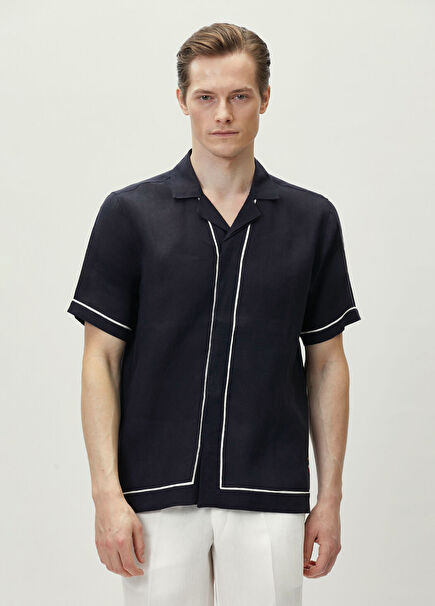 Navy Blue Short Sleeve Linen Shirt