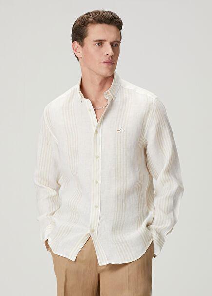 Comfort Fit Beige White Striped Linen Shirt