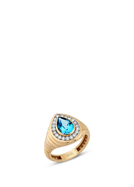 Swiss Blue Topaz Pırlantalı Kadın Altın Yüzük