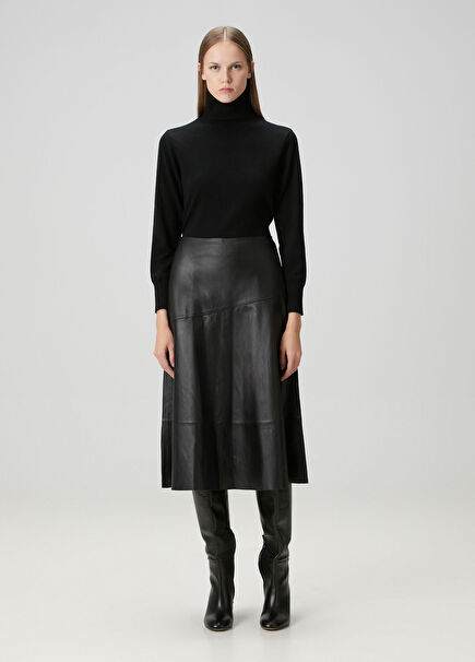 Siyah Midi Deri Etek