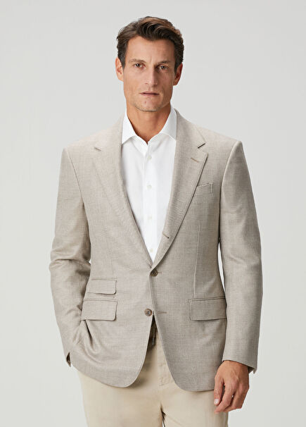 Bej Balıksırtı Desenli Yün Flannel Ceket