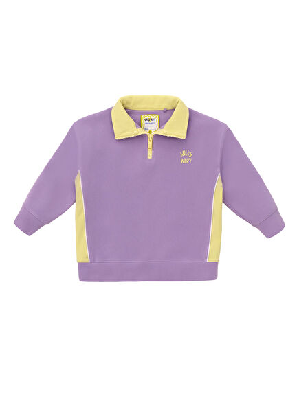 Dik Yaka Lila Yarım Fermuarlı Kız Çocuk Sweatshirt