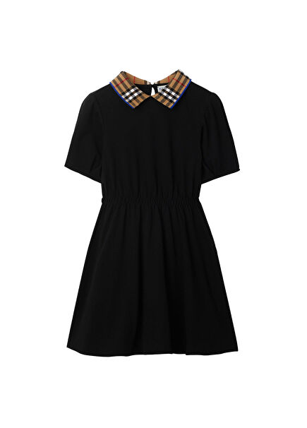 Check Collar Siyah Pamuklu Kısa Kollu Kız Çocuk Elbise