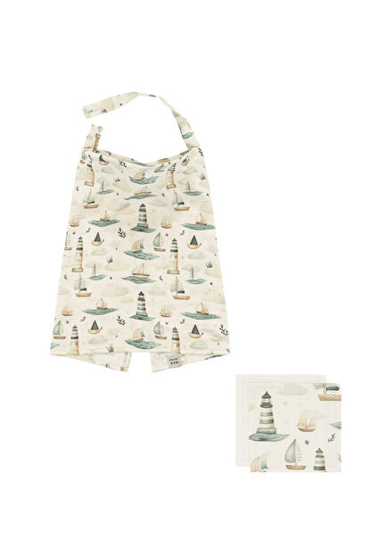 Little Mariner MaviKrem Desenli Emzirme Örtüsü ve 2'li Müslin Ağız Mendili Seti