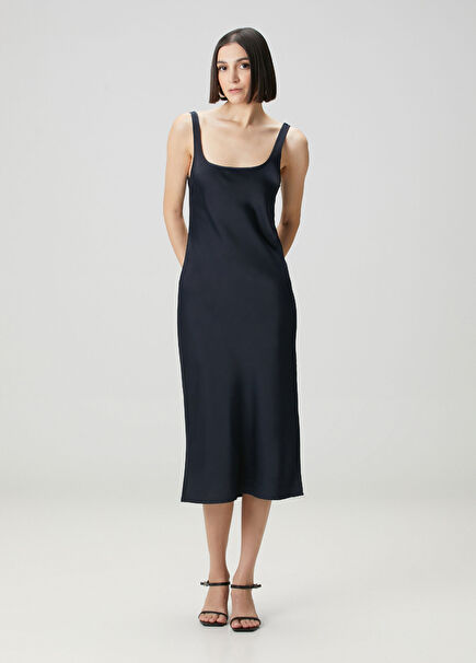 Fitted Lacivert Midi Saten Elbise