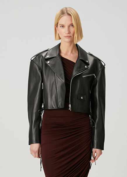 Siyah Crop Deri Biker Ceket