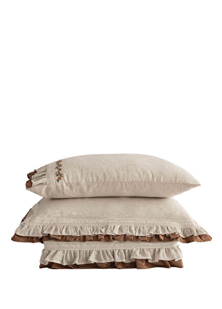Maide Beige Organic Cotton Embroidered Double Duvet Cover Set 200 x 220 cm