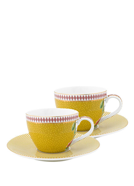 La Majorelle Yellow Patterned Porcelain Set of 2 Coffee Cups and Saucers