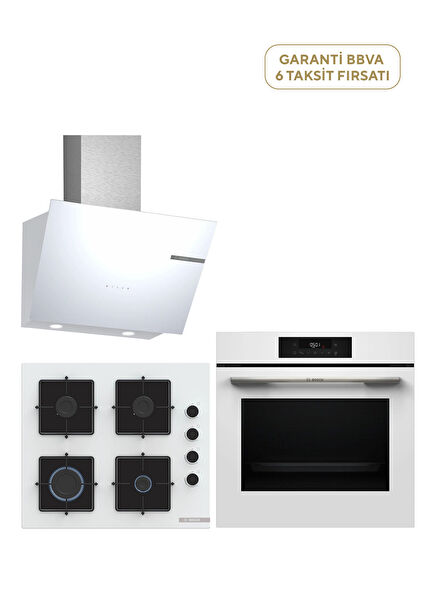 HJG852YW0T Serie 6 Oven + POP6C2P31O Serie 4 Gas Cooker + DWK66PJ20T Serie 4 Wall Mounted Hood 3-Piece Built-in Set