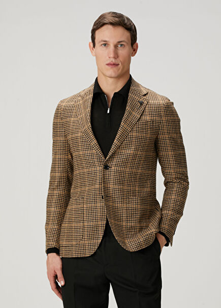 Bej Kazayağı Desenli Yün Ceket