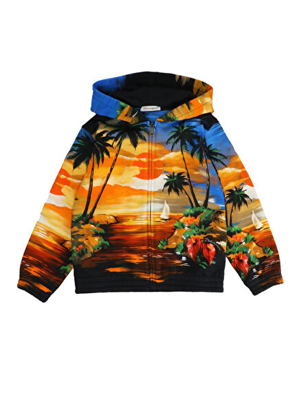 Turuncu Kapüşonlu Desenli Erkek Çocuk Sweatshirt