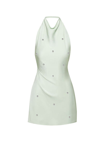 Mint Saten Boyundan Düğmeli Kadın Mini Elbise