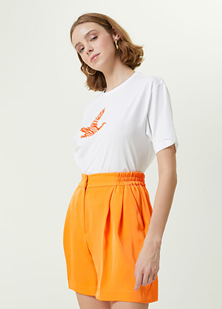 Beyaz Neon Turuncu Karalama Kuş Baskılı T-shirt