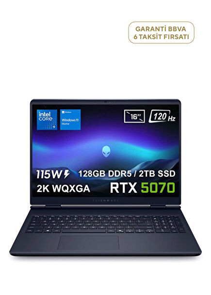 Alienware 16 Aurora Intel Core 9-270H 128GB DDR5 2TB SSD RTX5070 8GB 115W 16 inch 2K WQXGA 120Hz WVA Windows 11 Home Gaming Laptop AC16250-C932157Wv4