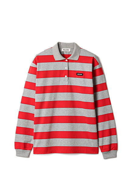 Red Striped Jersey Polo Collar Long Sleeve Women's T-Shirt