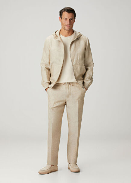 Bej Beli Kordonlu Keten Pantolon