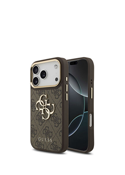 iPhone 17 Pro Gold Metal Kamera Çerçeveli 4G Desenli Metal Büyük Logolu Kahverengi Telefon Kılıfı