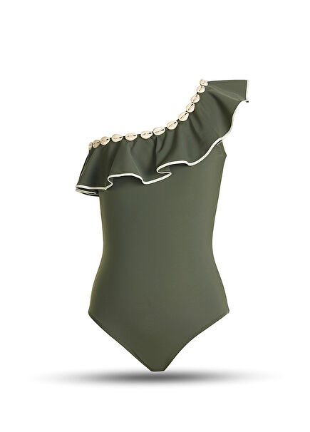 Green Ruffled Mussel Detailed One Shoulder Girls' Swimsuit