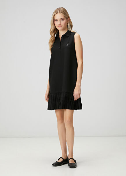 Siyah Pileli Mini Polo Elbise