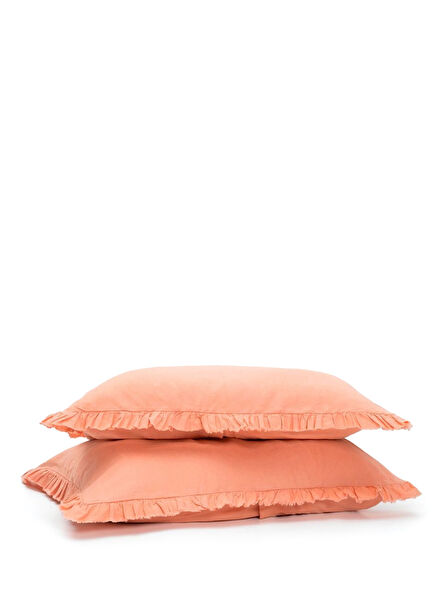 Frill Şeftali Rengi Keten 2'li Yastık Kılıfı Seti