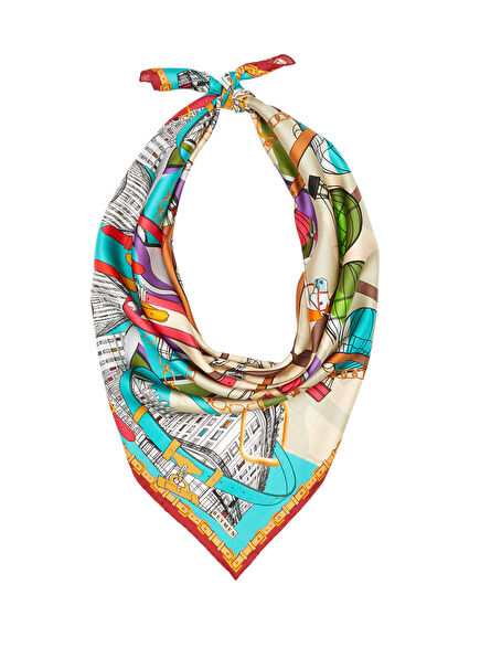 Mavi Balon Desenli İpek Eşarp