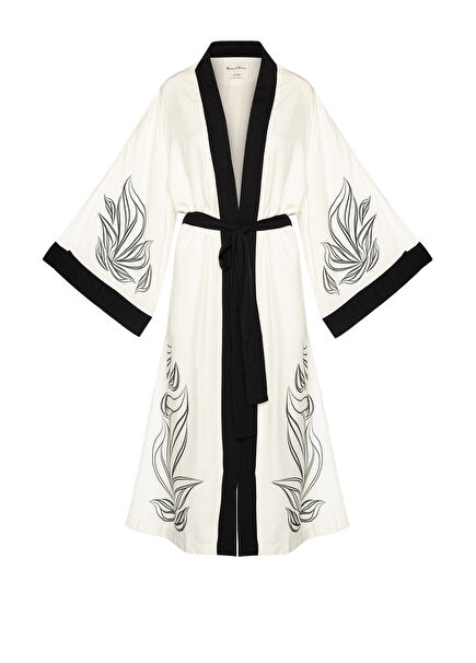 Lina Black Design Pattern Printed Loose White Women's Kimono