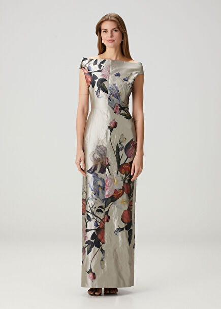 Grey Floral Maxi Evening Dress