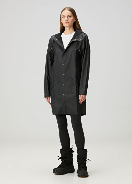 Black Hooded Long Raincoat