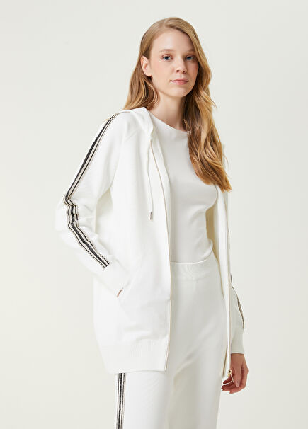 Broken White Hooded Cardigan with Glitter Stripe Detail