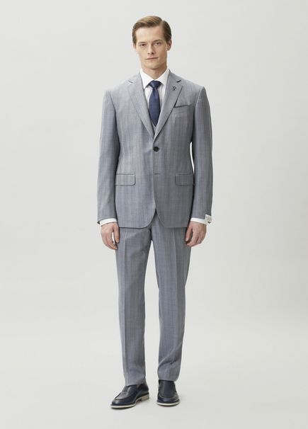 Tailored Mavi Yelekli Çizgili Yün Takım Elbise