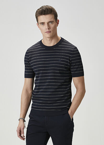 Navy Blue Stripe Patterned Short Sleeve Sweater