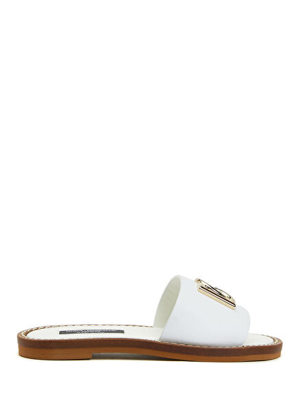 White Logo Girl's Leather Slippers