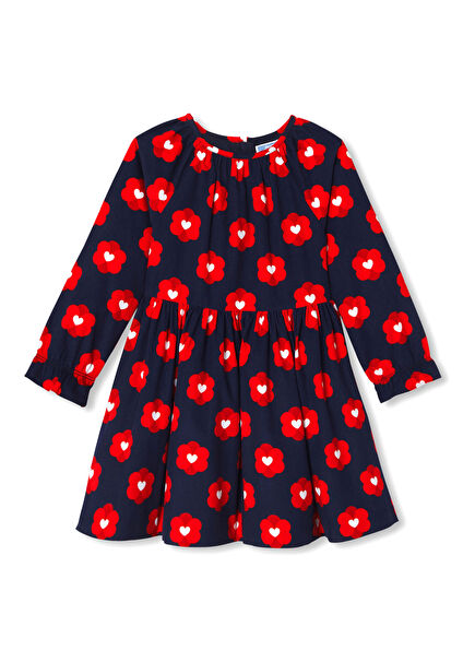 Lacivert Çok Renkli Çiçek Motifli Kadife Kız Çocuk Elbise