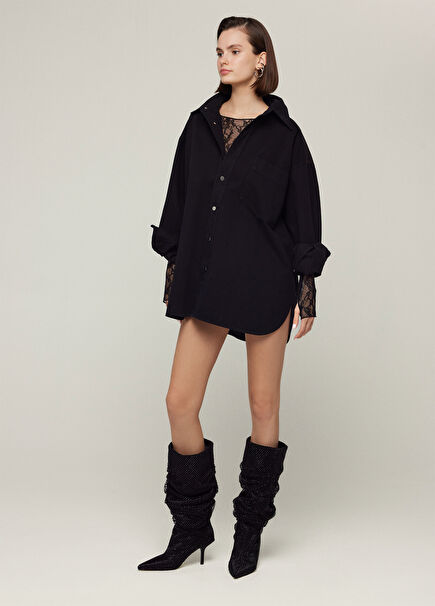 Gabardin Oversize Siyah Kadın Gömlek