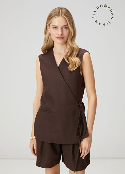 Brown Double-Breasted Long Linen Vest