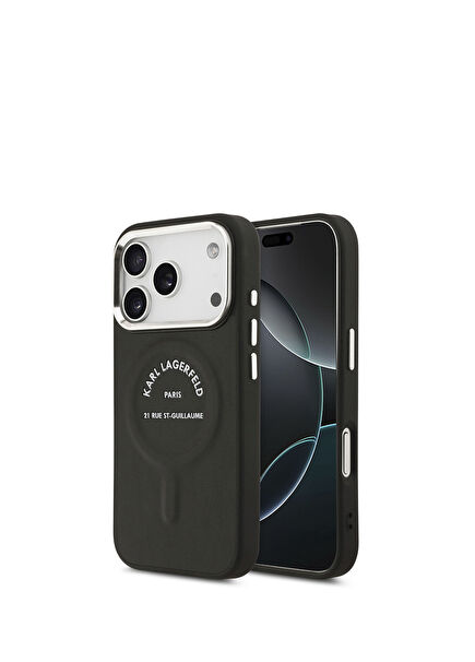 iPhone 17 Pro Metal Kamera ve Buton Tasarımlı Paris RSG Siyah PU Deri Magsafe Uyumlu Telefon Kılıfı