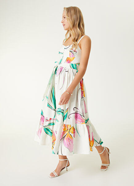 Beyaz Lilyum Desenli Midi Keten Elbise