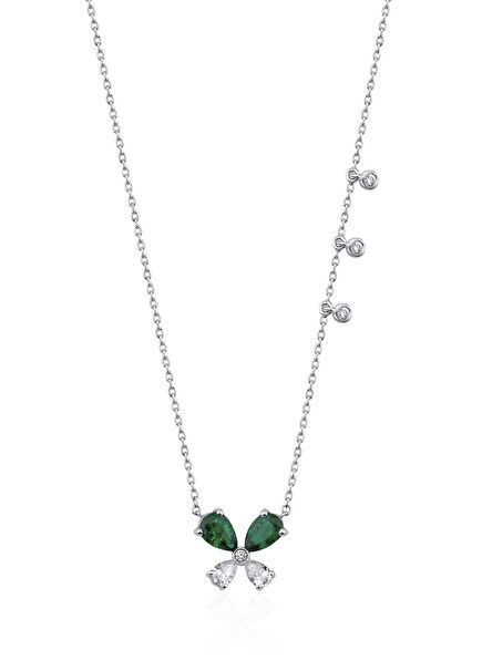 Pırlantalı Zümrüt Kelebek 14 Ayar Altın Kadın Kolye