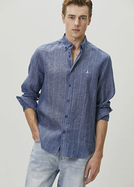 Comfort Fit Navy Blue Striped Linen Shirt