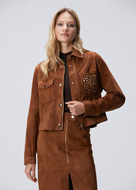 Tarçın Taş Detaylı Süet Deri Mont