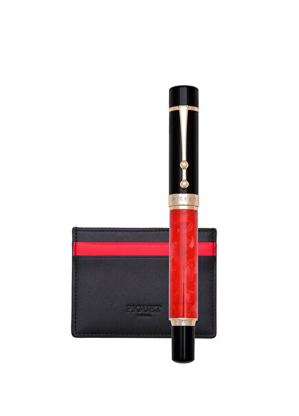 Taurus Rouge Rollerball Red Pen & Leather Card Holder Set