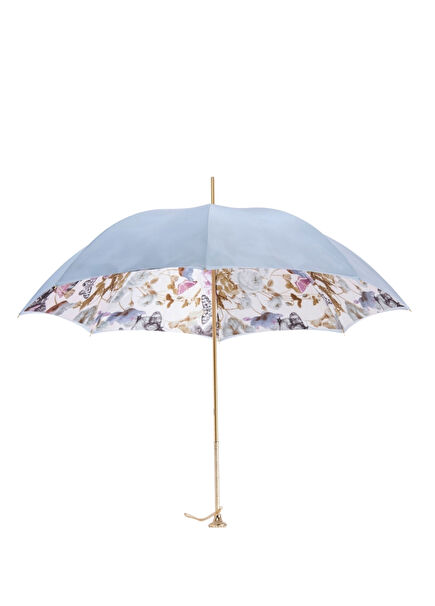 Kelebek Desenli Açık Mavi İşlemeli Pirinç Saplı Şemsiye