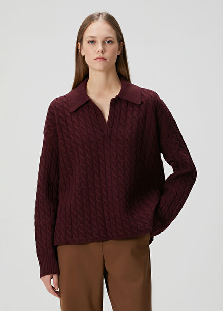 Bordo Saç Örgü Yün Polo Triko