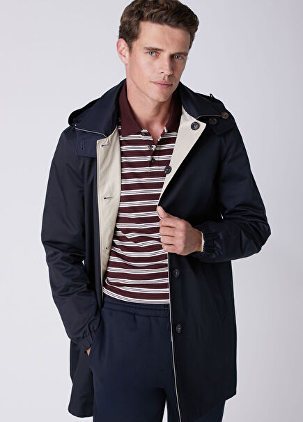 Navy Blue Beige Hooded Reversible Overcoat