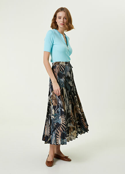 Black Tropical Patterned Midi Pleated Skirt