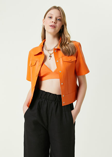 Orange Shirt Collar Short Leather Trucker Jacket